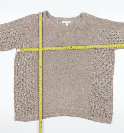 Monsoon Women Beige Sequin Knit Short Sleeve Pullover Jumper L