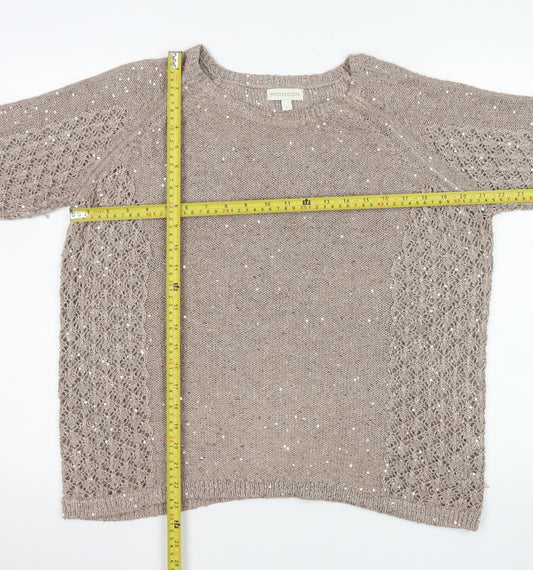 Monsoon Women Beige Sequin Knit Short Sleeve Pullover Jumper L
