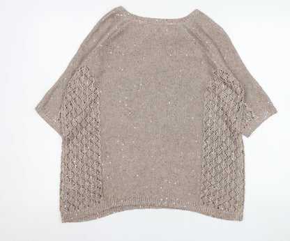 Monsoon Women Beige Sequin Knit Short Sleeve Pullover Jumper L