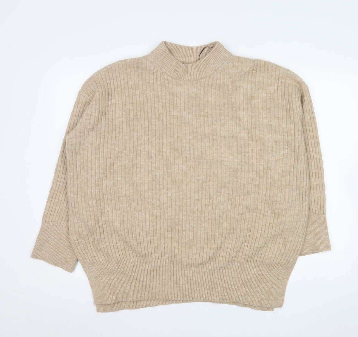 H&M Men Beige Ribbed Mock Neck Pullover Jumper Size M