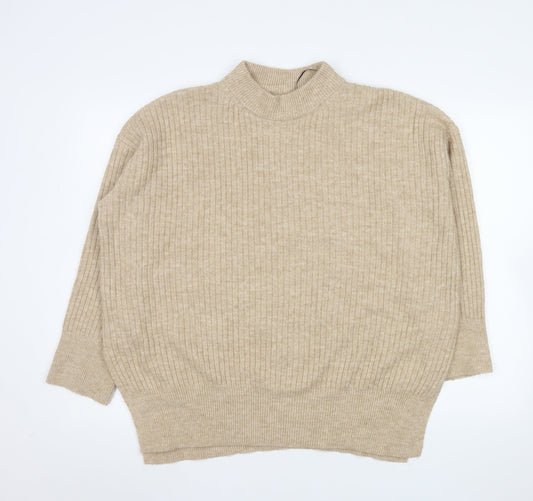 H&M Men Beige Ribbed Mock Neck Pullover Jumper Size M