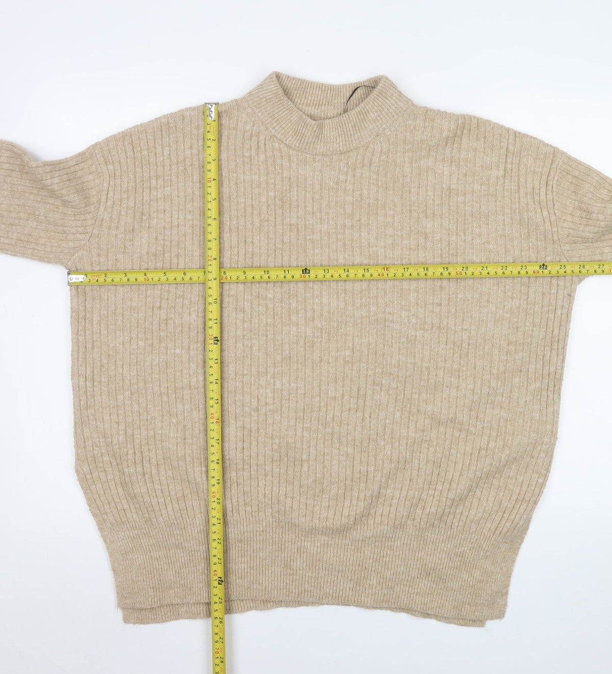 H&M Men Beige Ribbed Mock Neck Pullover Jumper Size M