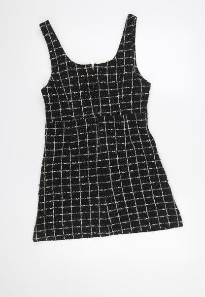 MNG Women's Black Check Tweed Sleeveless Shift Dress Size 8