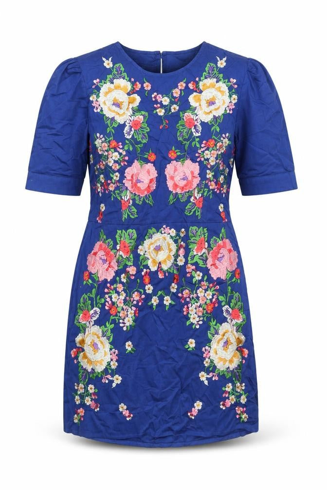 Front view of ASOS Women’s Blue Floral Embroidered Cotton Shift Dress, size UK 10