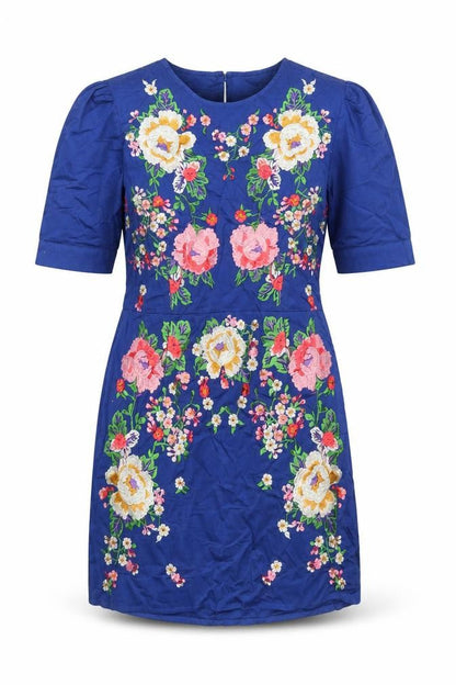 Front view of ASOS Women’s Blue Floral Embroidered Cotton Shift Dress, size UK 10
