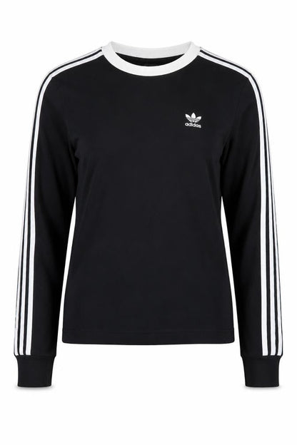 Front view of Adidas Women's Black Long Sleeve 3-Stripes Crew Neck T-Shirt XS