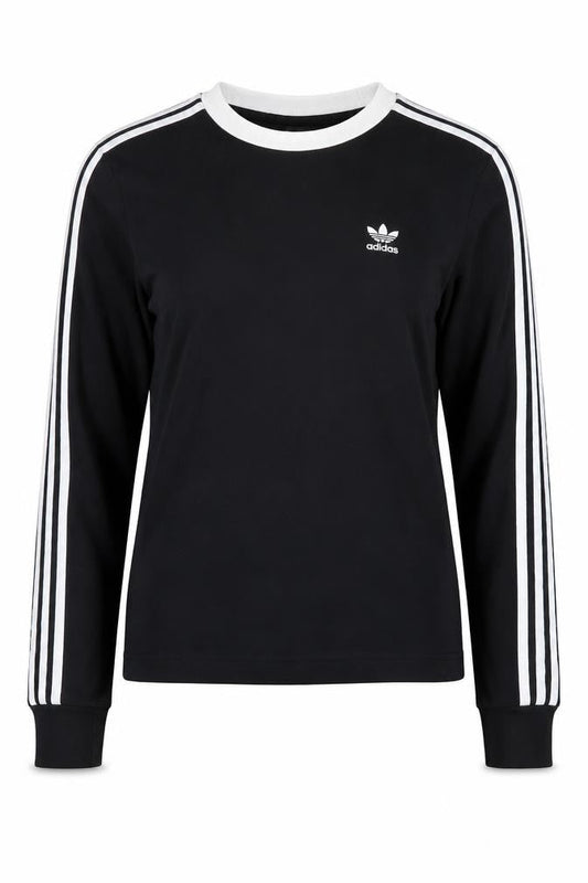 Front view of Adidas Women's Black Long Sleeve 3-Stripes Crew Neck T-Shirt XS