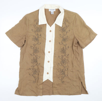 Alfred Dunner Womens Beige Short Sleeve Embroidered Linen Blend Blouse Size 10