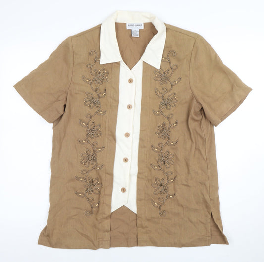 Alfred Dunner Womens Beige Short Sleeve Embroidered Linen Blend Blouse Size 10