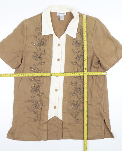 Alfred Dunner Womens Beige Short Sleeve Embroidered Linen Blend Blouse Size 10