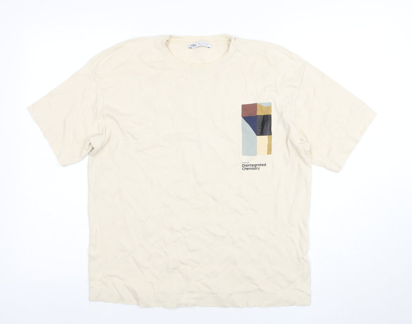 ZARA Men’s Beige Graphic Art Cotton T-Shirt Size L Regular Fit