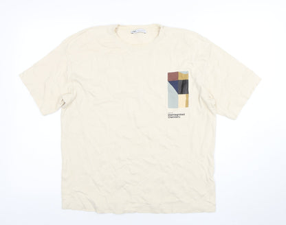ZARA Men’s Beige Graphic Art Cotton T-Shirt Size L Regular Fit