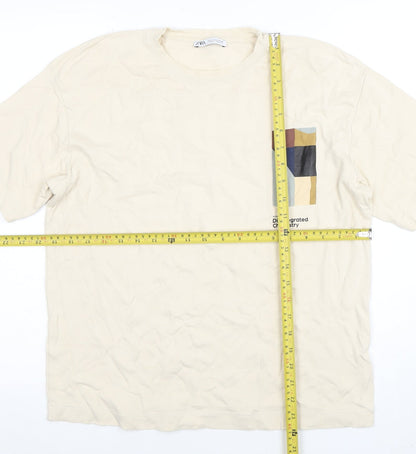 ZARA Men’s Beige Graphic Art Cotton T-Shirt Size L Regular Fit