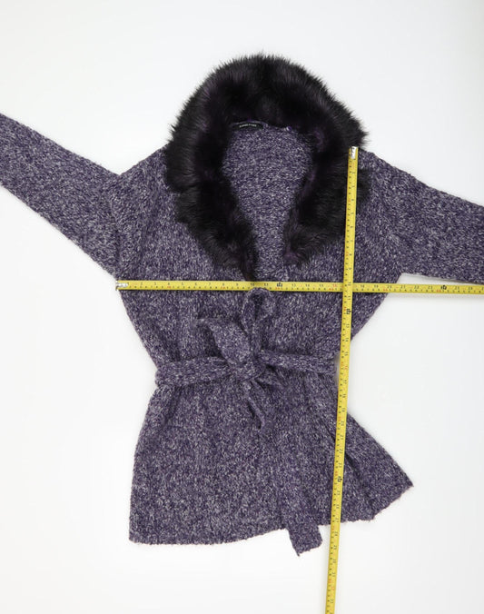 St. Bernard Women’s Purple Fur Trim Belted Knit Cardigan Size 14-16