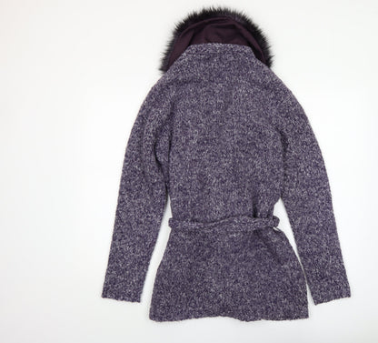 St. Bernard Women’s Purple Fur Trim Belted Knit Cardigan Size 14-16