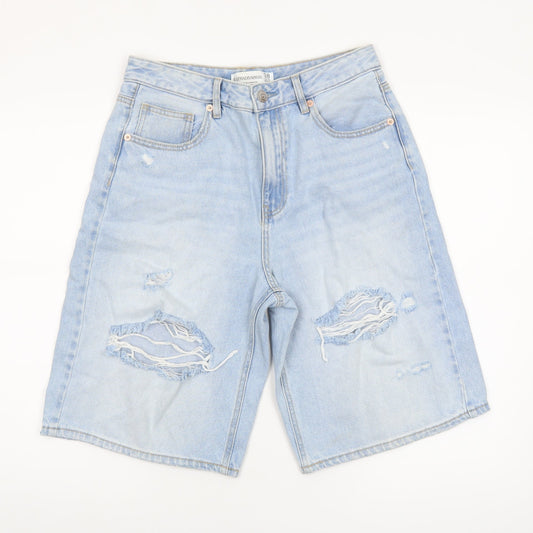 Stradivarius Women's Blue Distressed Denim Bermuda Shorts UK 10