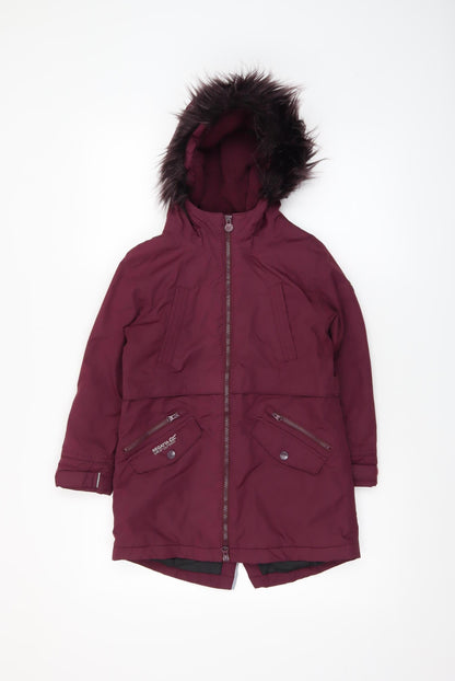 Regatta Girls Red Hooded Parka Coat 7-8 Years Polyester Lined Waterproof
