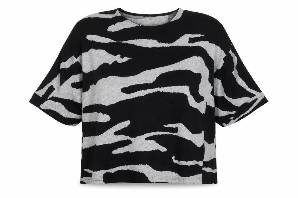 Front view of Roman Women’s Black Grey Animal Print Relaxed Jersey T-Shirt, size UK 16