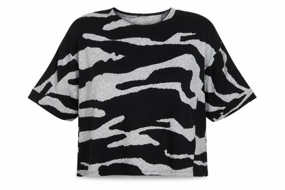 Front view of Roman Women’s Black Grey Animal Print Relaxed Jersey T-Shirt, size UK 16