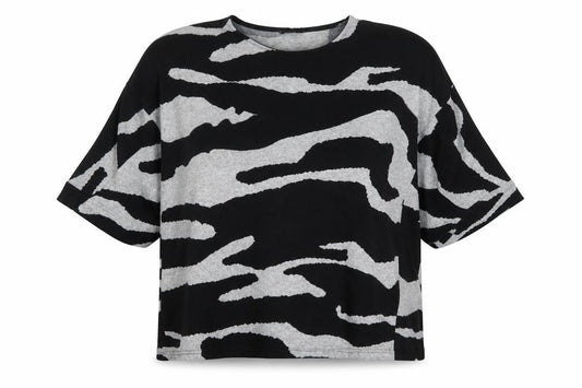 Front view of Roman Women’s Black Grey Animal Print Relaxed Jersey T-Shirt, size UK 16