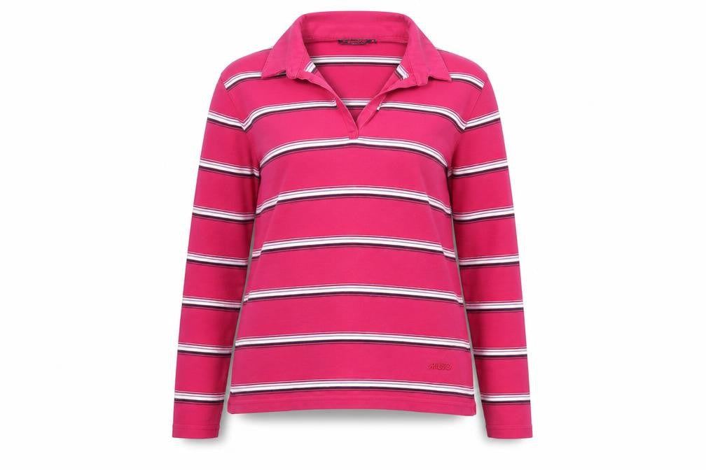Musto Women's Pink Striped Long Sleeve Cotton Polo Shirt Size 14