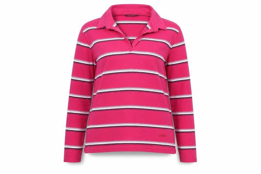 Musto Women's Pink Striped Long Sleeve Cotton Polo Shirt Size 14