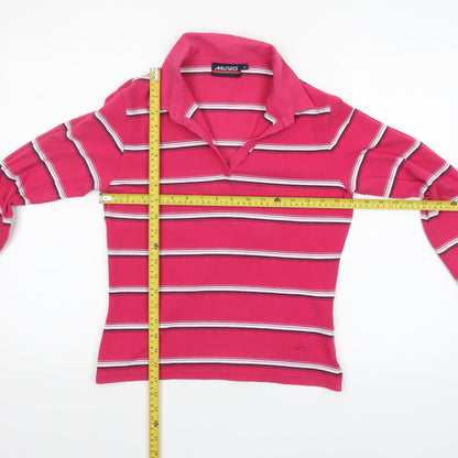 Musto Women's Pink Striped Long Sleeve Cotton Polo Shirt Size 14