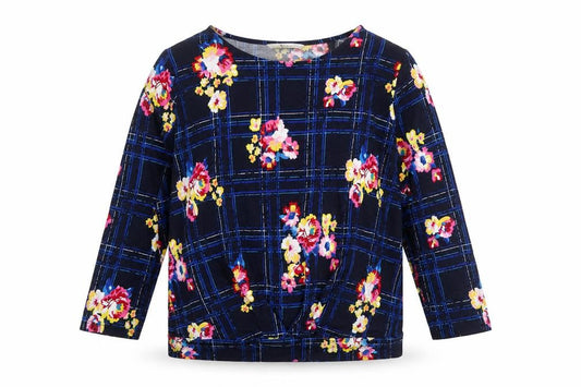 Front view of Tu Woman Navy Floral Check Jersey Top, size 18, Cotton Viscose