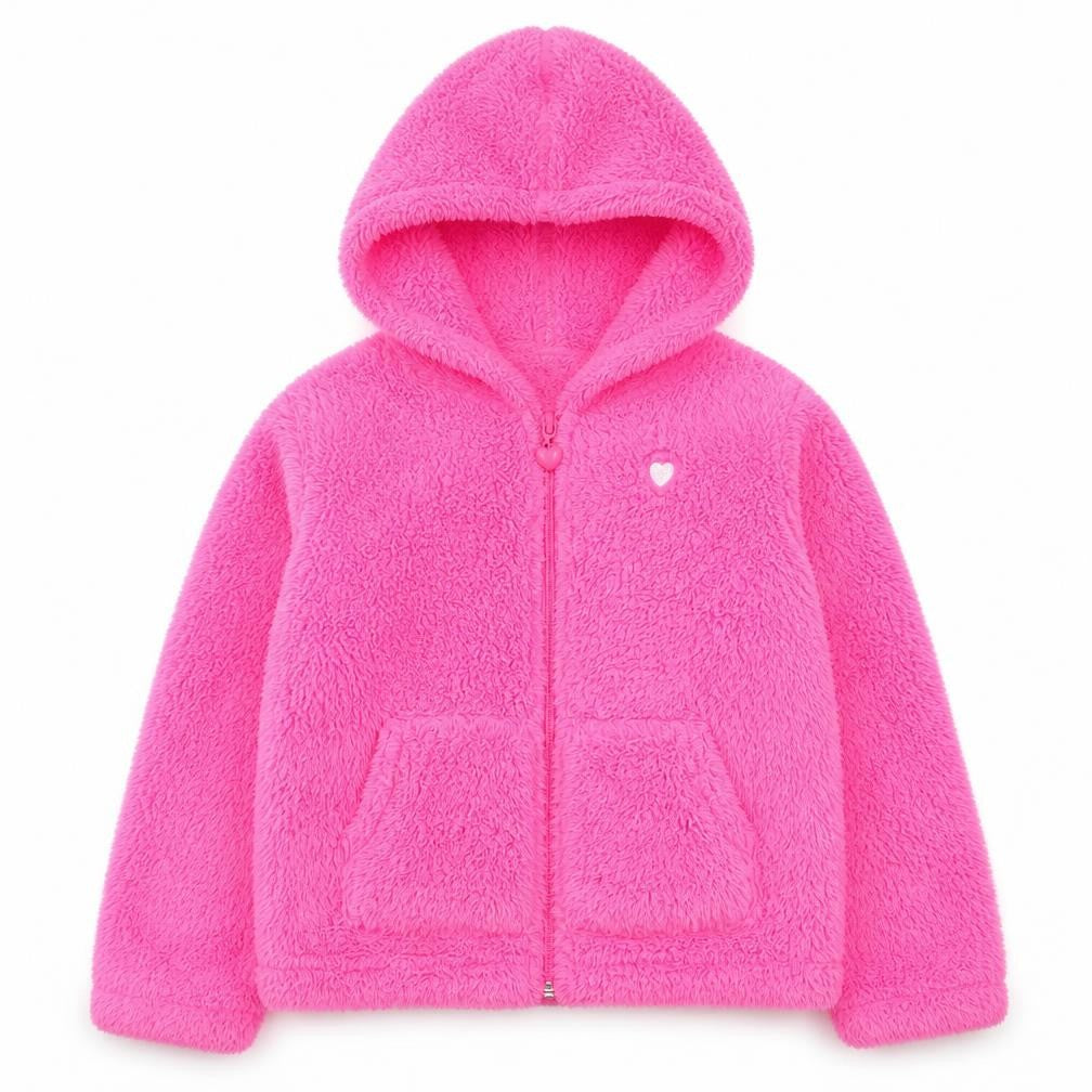 Front view of Nula Bug girls’ pink faux fur full zip hoodie 5-6 years