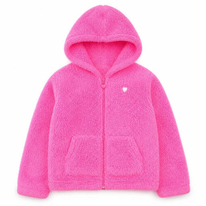 Front view of Nula Bug girls’ pink faux fur full zip hoodie 5-6 years