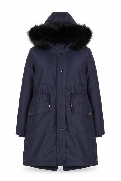 Oasis Women’s Blue XL Hooded Long Parka Coat with Faux Fur Trim