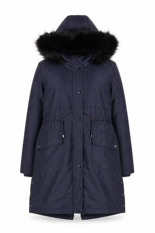 Oasis Women’s Blue XL Hooded Long Parka Coat with Faux Fur Trim