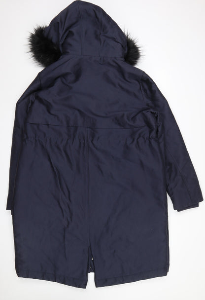 Oasis Women’s Blue XL Hooded Long Parka Coat with Faux Fur Trim