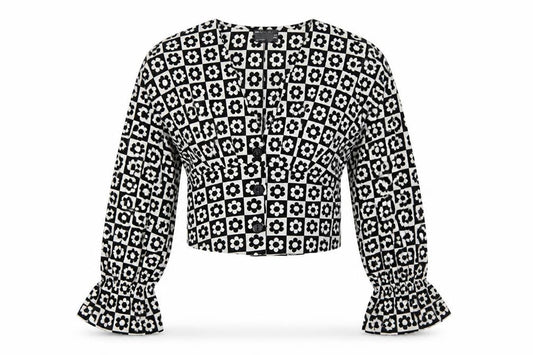 Front view of ASOS DESIGN women’s black floral cropped blouse uk 8 long sleeve