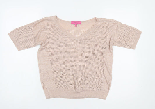Next Women Beige Viscose Open-Knit Short Sleeve V-Neck Jumper Size 10