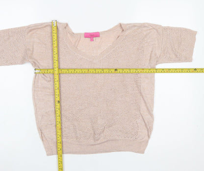 Next Women Beige Viscose Open-Knit Short Sleeve V-Neck Jumper Size 10