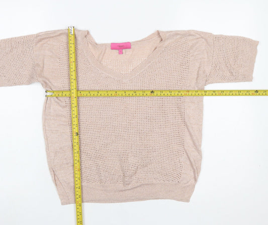 Next Women Beige Viscose Open-Knit Short Sleeve V-Neck Jumper Size 10
