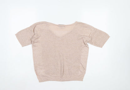 Next Women Beige Viscose Open-Knit Short Sleeve V-Neck Jumper Size 10
