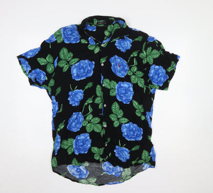 Reserva Men's Black Blue Floral Short Sleeve Button-Up Shirt M