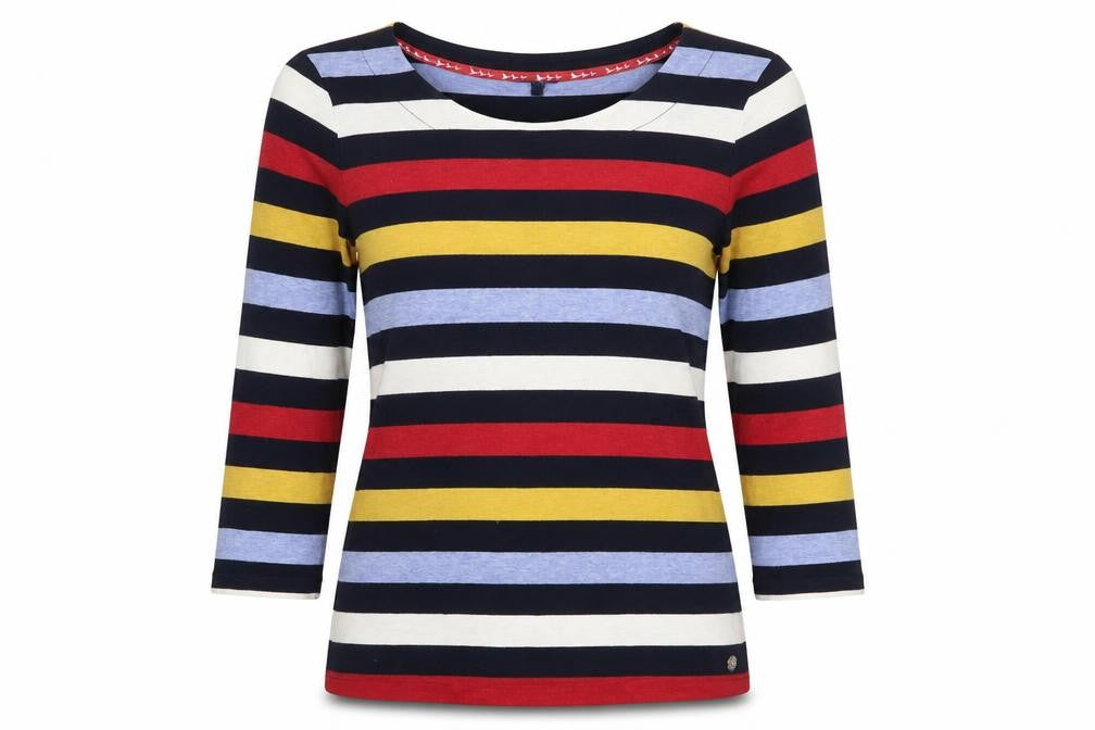 Front view of Maine New England Women's Multicoloured Striped 3/4 Sleeve Jersey T-Shirt, size 10