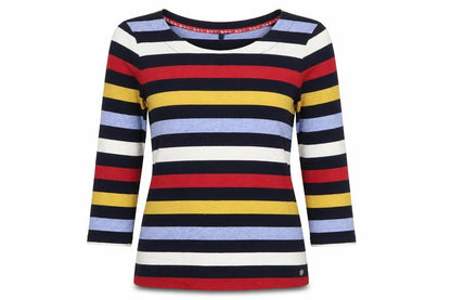 Front view of Maine New England Women's Multicoloured Striped 3/4 Sleeve Jersey T-Shirt, size 10