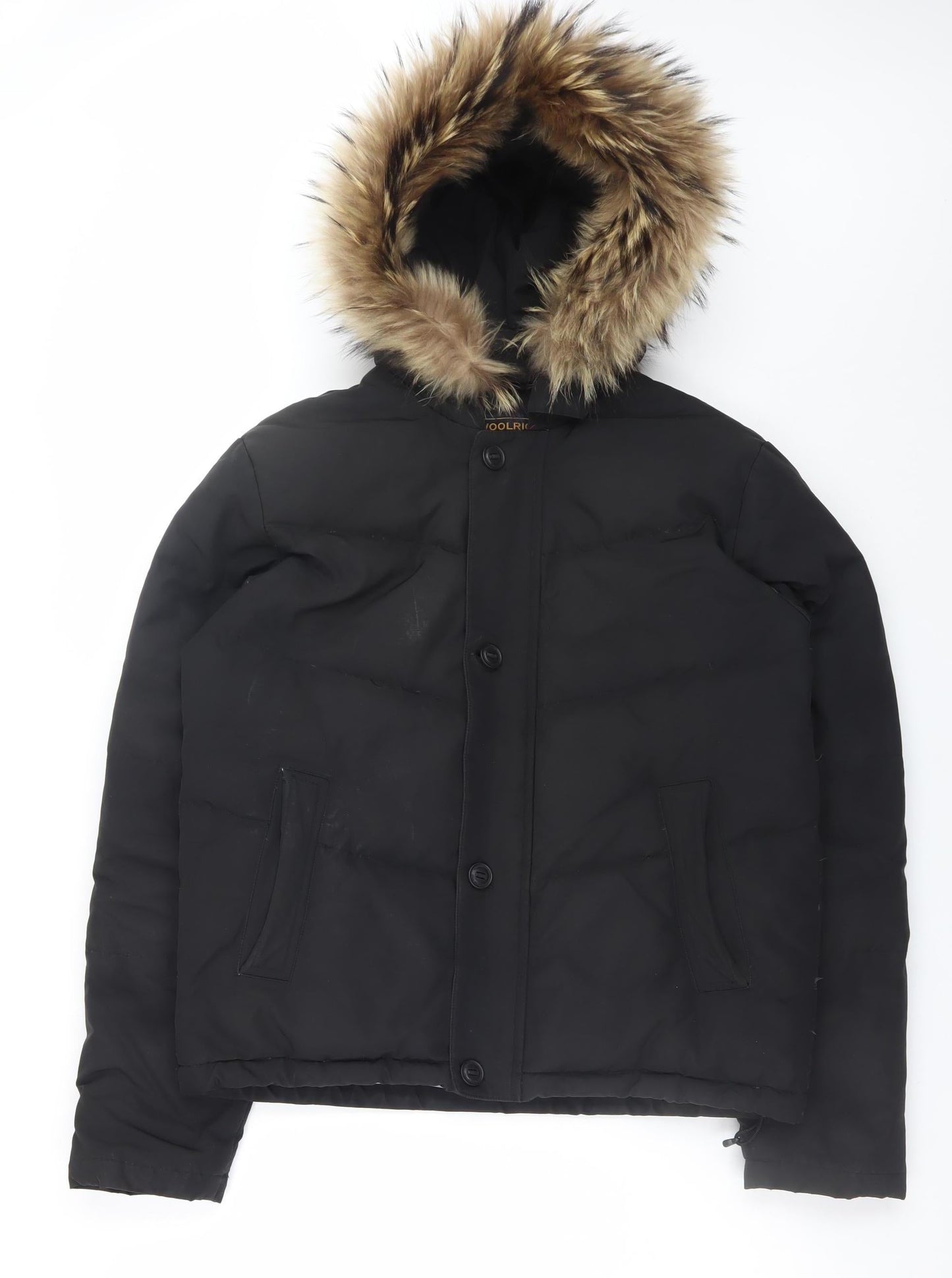 Woolrich Men's Black Down Puffer Jacket with Fur Hood Size 14
