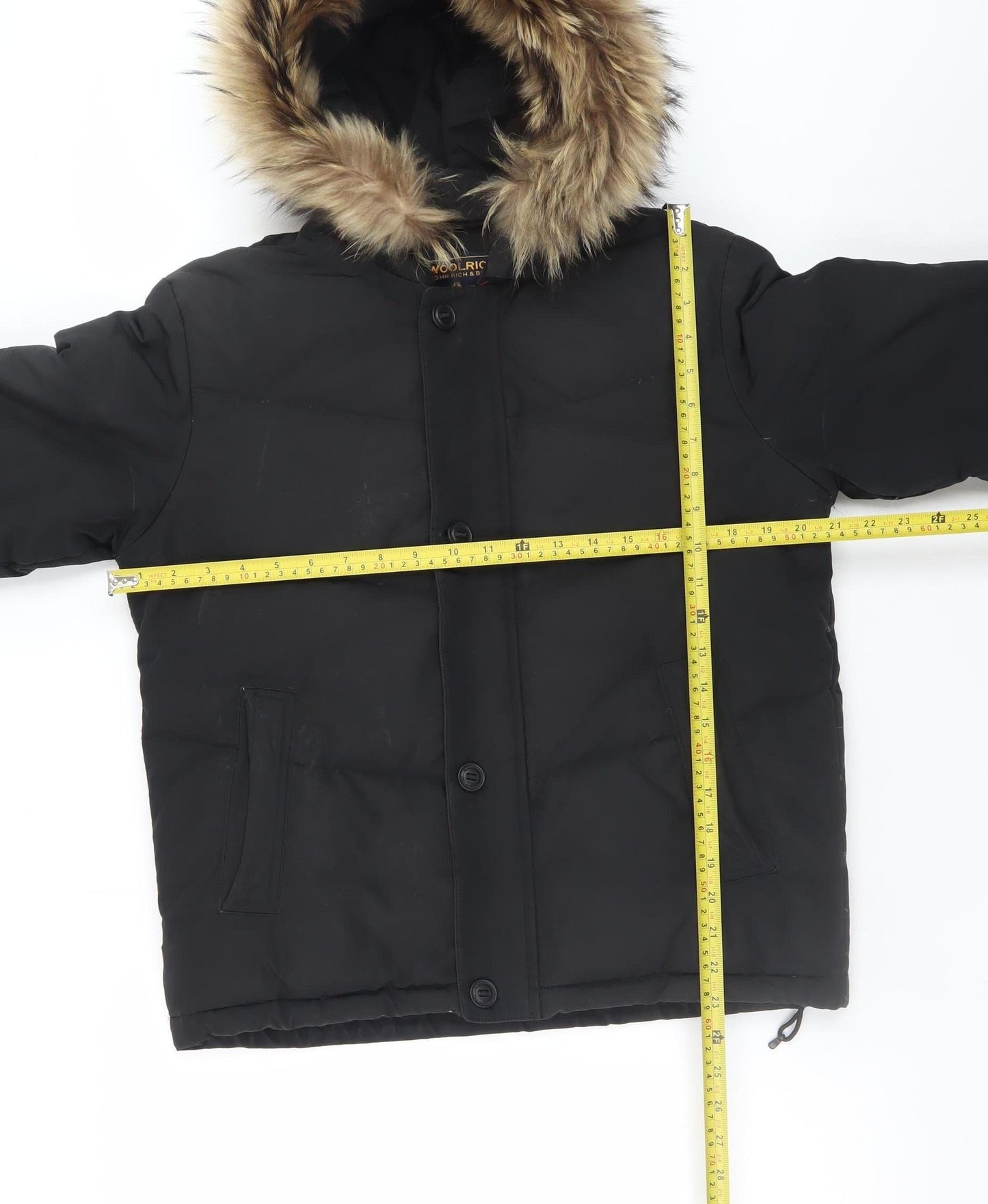 Woolrich Men's Black Down Puffer Jacket with Fur Hood Size 14