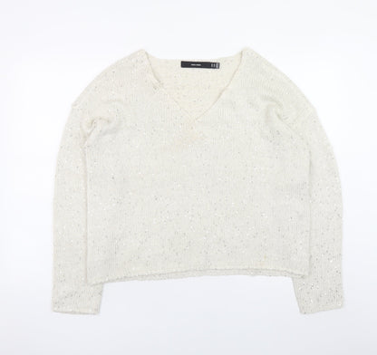 Vero Moda Women’s Ivory Sequin Knit V-Neck Jumper XL