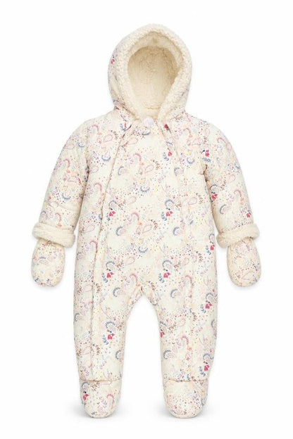 Front view of Mini Club unisex baby beige floral hooded snowsuit 6-9 months lined winter
