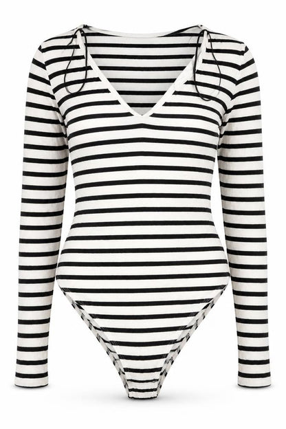 H&M Women's Black White Striped Viscose Bodysuit Size S Long Sleeve