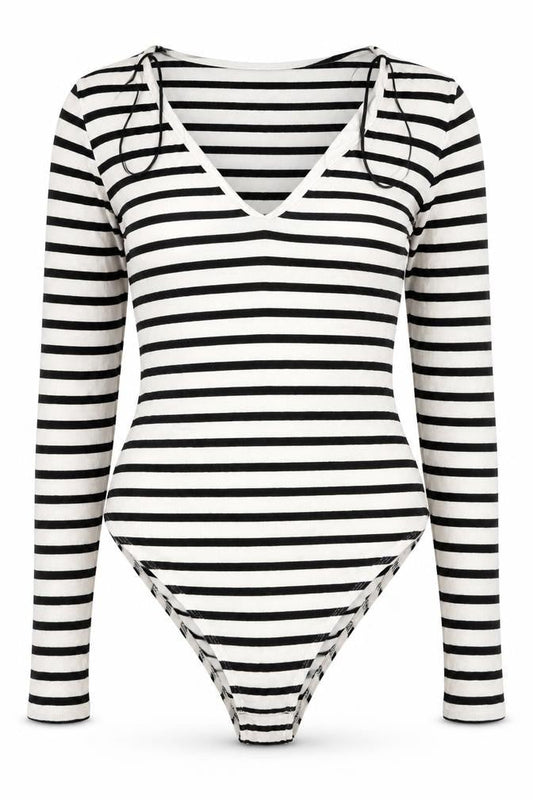 H&M Women's Black White Striped Viscose Bodysuit Size S Long Sleeve