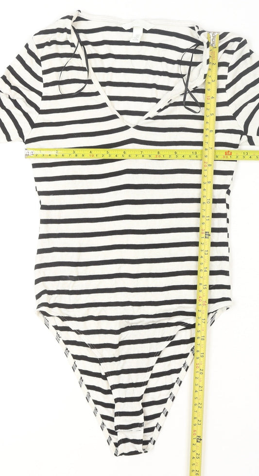 H&M Women's Black White Striped Viscose Bodysuit Size S Long Sleeve