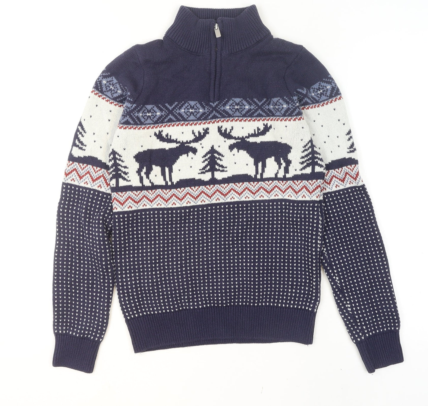 Next Men's Blue Fair Isle 1/2 Zip Cotton Blend Jumper XS