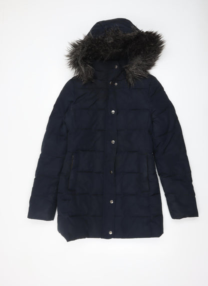 Jack Wills Women's Blue Faux Fur Hooded Puffer Coat Size 8